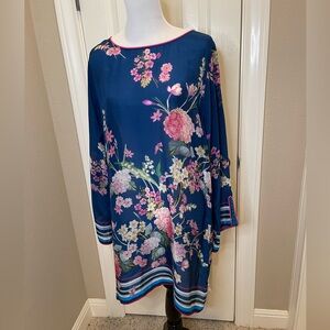 Johnny Was Floral Tunic Blouse XL Blue Floral 3/4 Sleeves